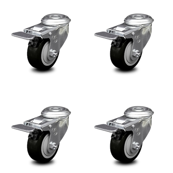 3.5 Inch Black Polyurethane Swivel Bolt Hole Caster Set with Total Lock Brake